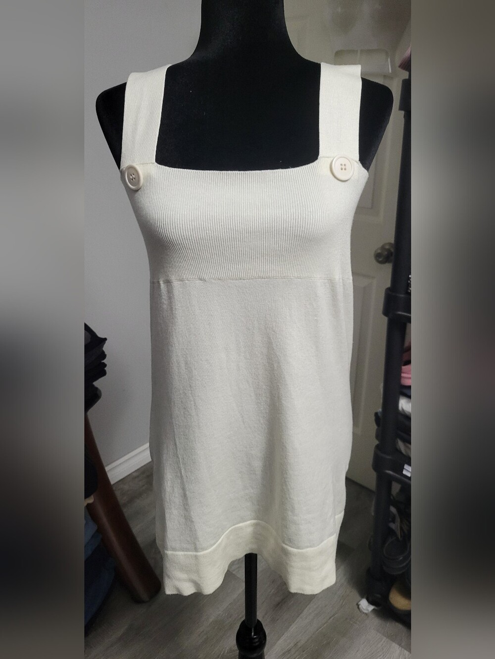 CafeBrand Large Ivory Knit Button Strap Babydoll Tank Top Tunic/Mini Dress